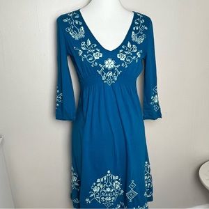 Johnny Was Embroidered Cotton Sleeved Dress Size XS Blue Boho Bohemian Festival